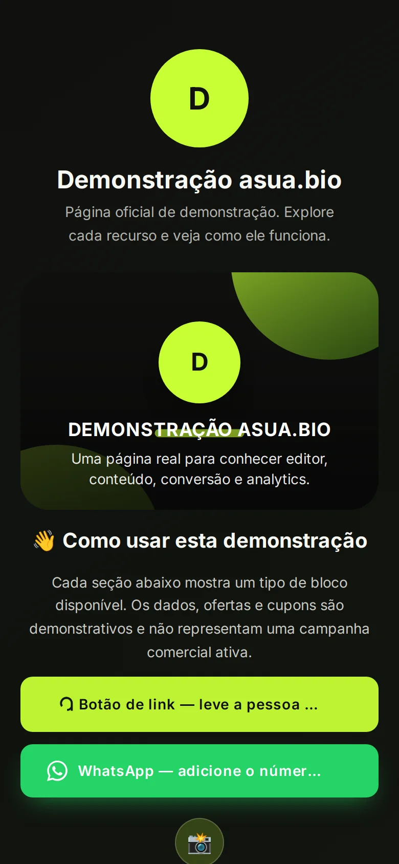 Captura real da página Demonstração asua.bio